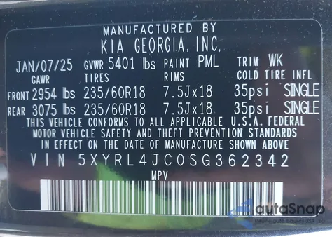 2025 Kia Sorento S из США, поврежденный, VIN 5XYRL4JC0SG362342